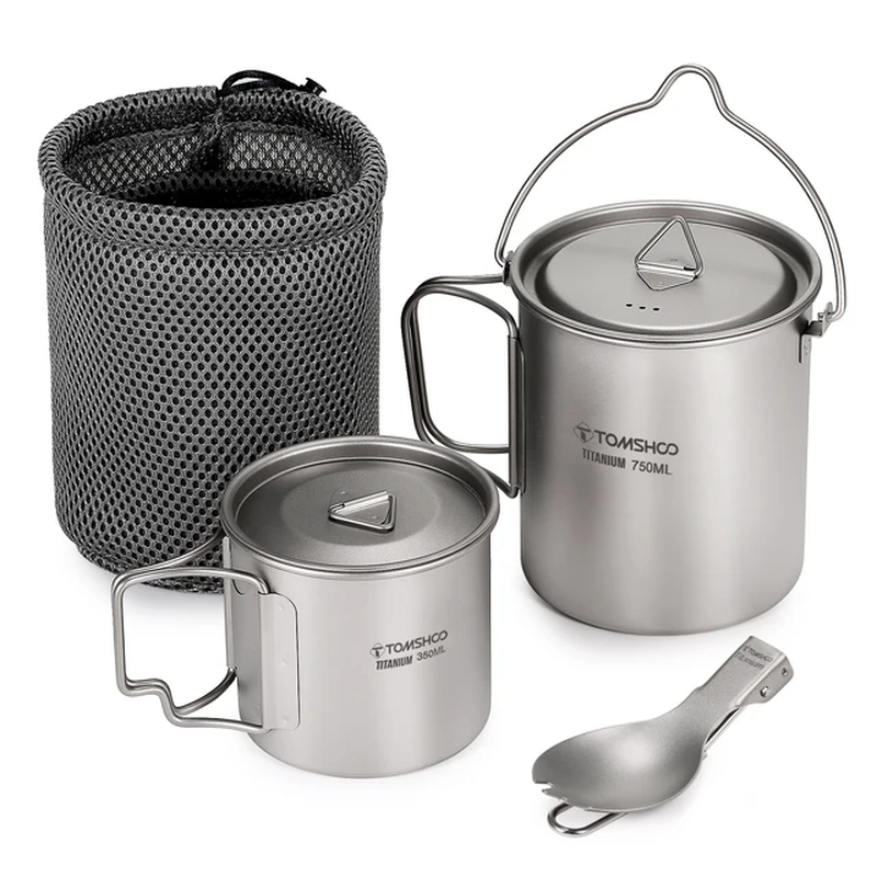 3 PCS Titanium Cookware Set Ultralight 750Ml Pot 450Ml Water Cup Mug W Lid Foldi