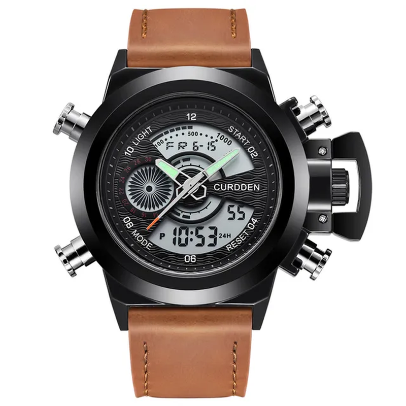 Mens  Dual Time Watches Fashion Leather Band Chronograph Military Multi-Function