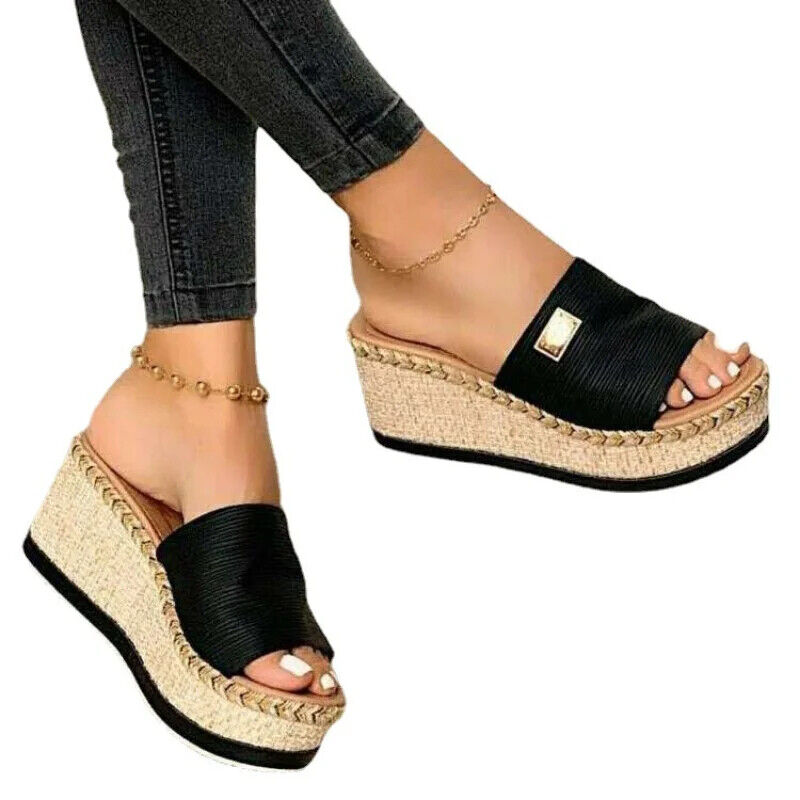 LADIES WEDGE HEEL PLATFORM PEEP TOE SINGLE STRAP SANDALS 3-8