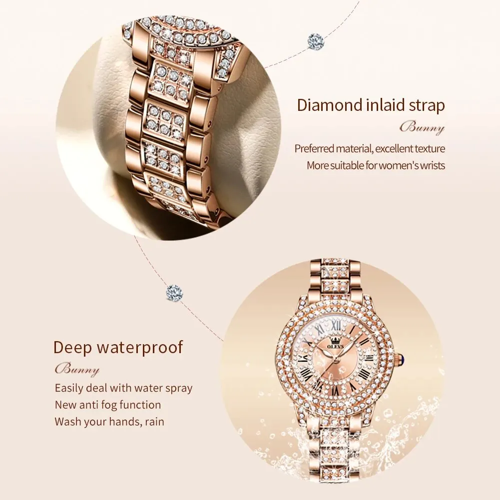 9943 Luxury All Diamond Original Quartz Watch for Women Elegant Rose Gold Stainl