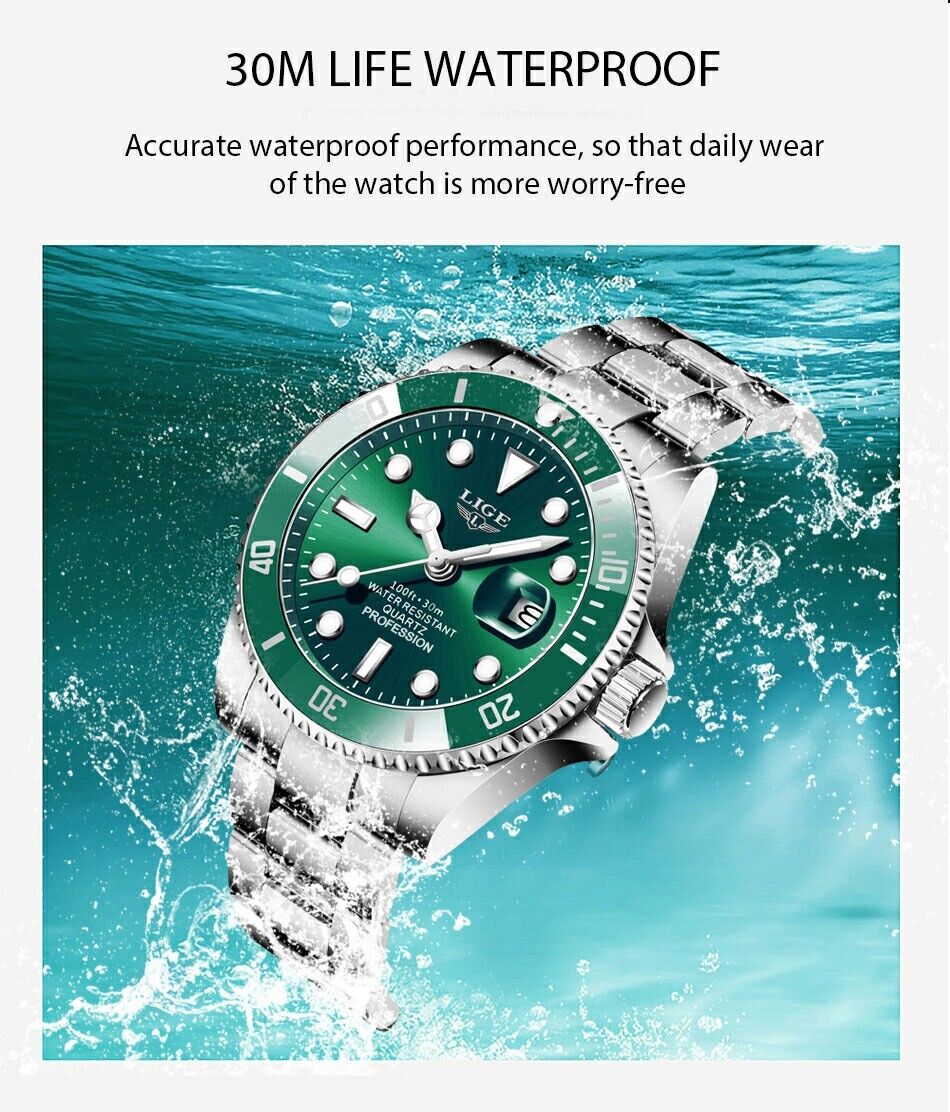 Men's Fashion Watch Analogue Quartz Waterproof Stainless Steel Green Silver