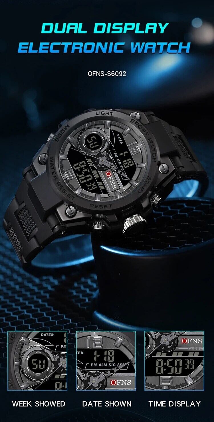 Mens Digital Watches Dual Analogue Waterproof Fashion Sports Wrist Watch LED