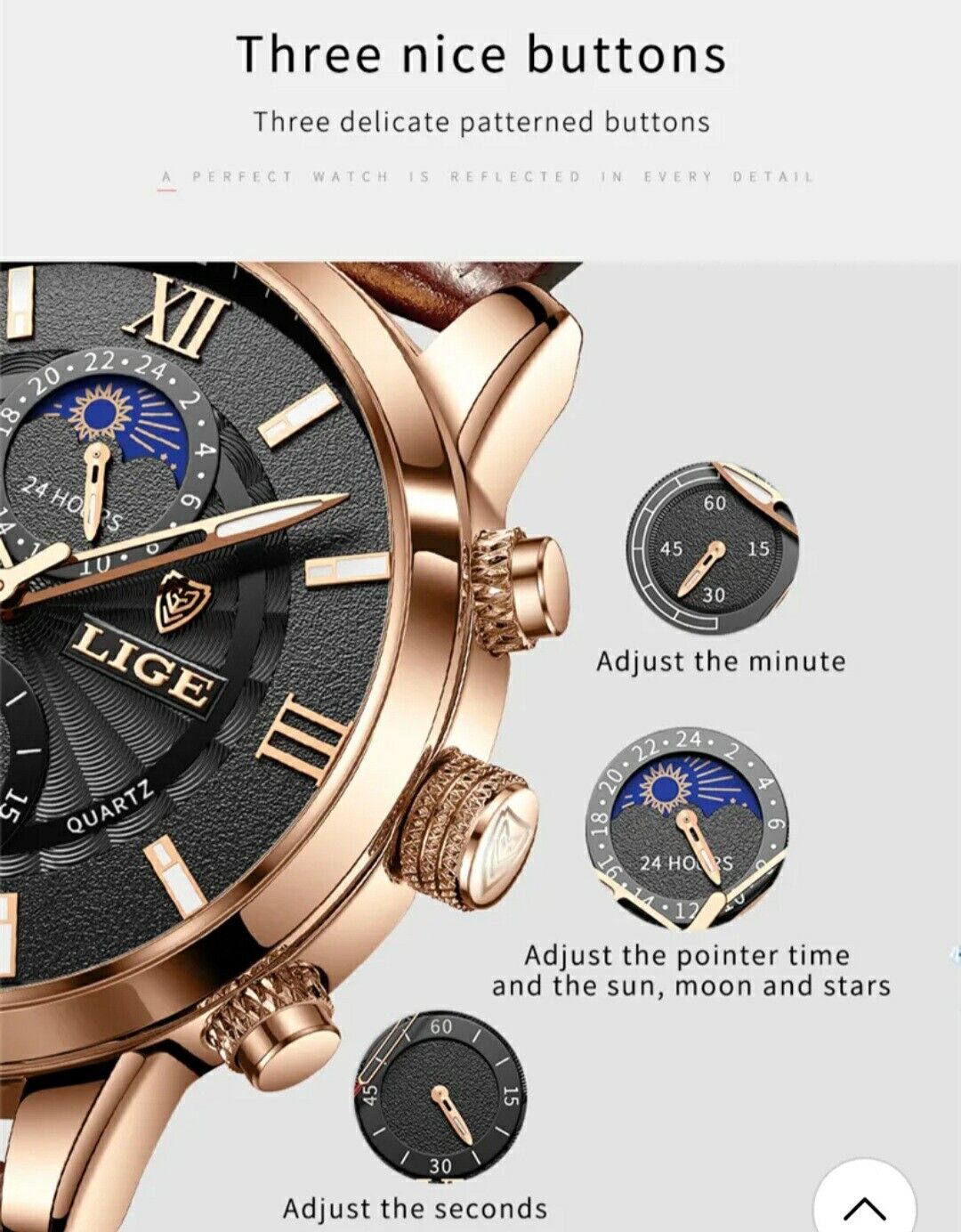 Mens LIGE Stylish Luxury Leather Casual Quartz Waterproof Watch Chronograph