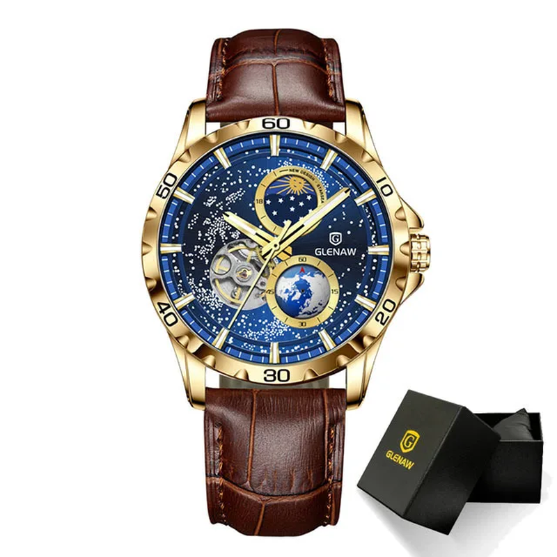 Mens Timing Mechanical Wristwatch Moonlight Phase Waterproof Watch Tuo Flywheel