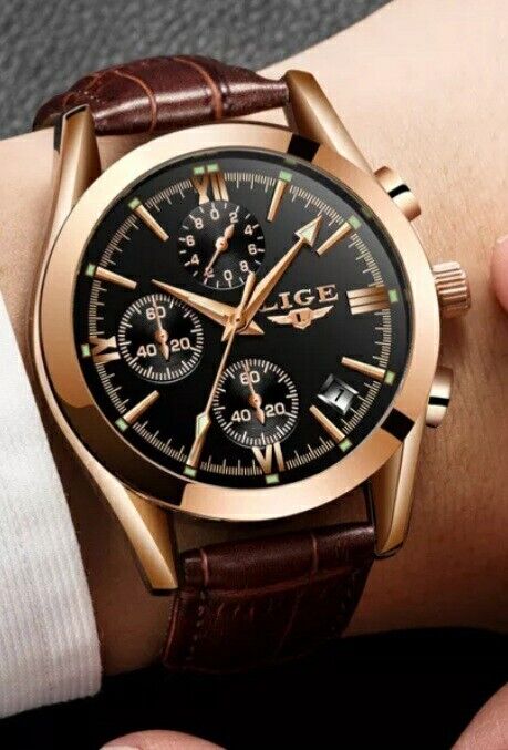 Mens Lige Chronograph Sports Waterproof Classic Quartz Leather Luxury Watch