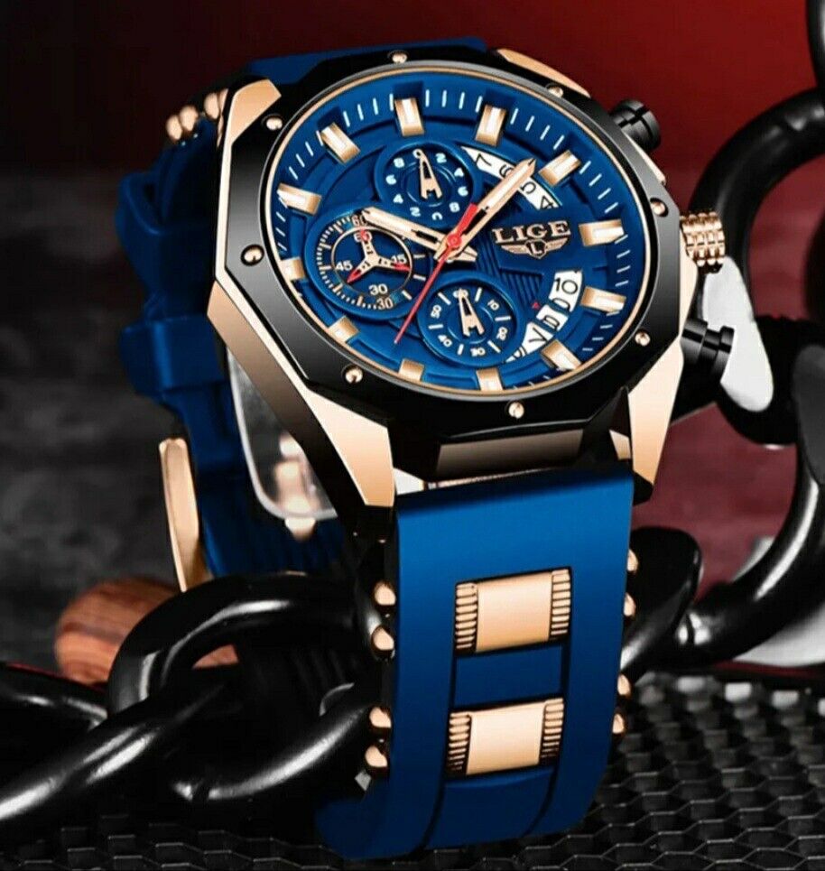 Mens Luxury Watch Chronograph Waterproof Sports Wristwatch Blue Gold LIGE 2024