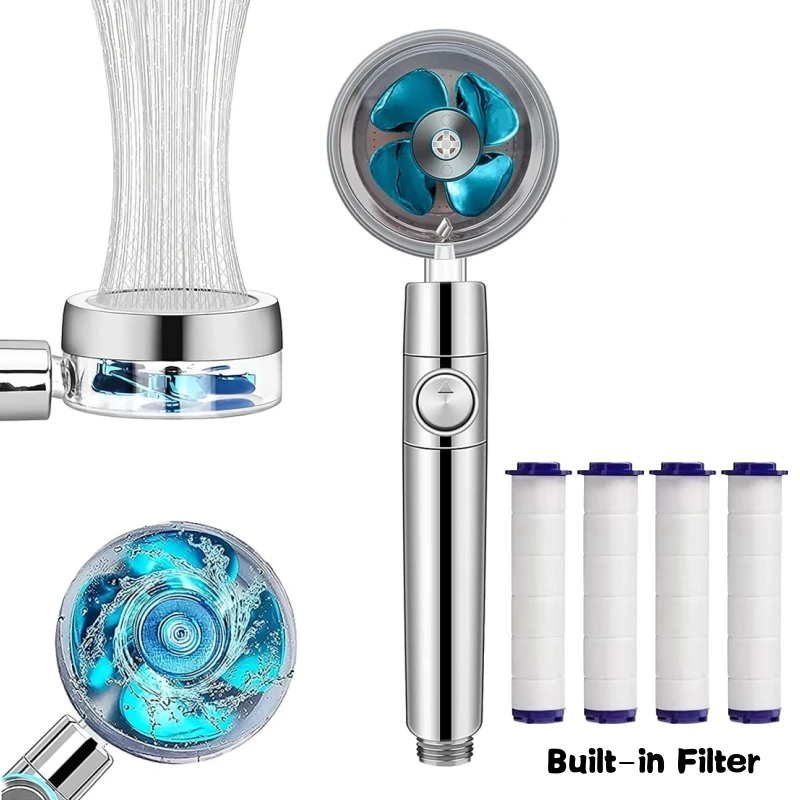 Adjustable High-Pressure Turbo Fan Shower Head 360 Degree Filter Water Saving