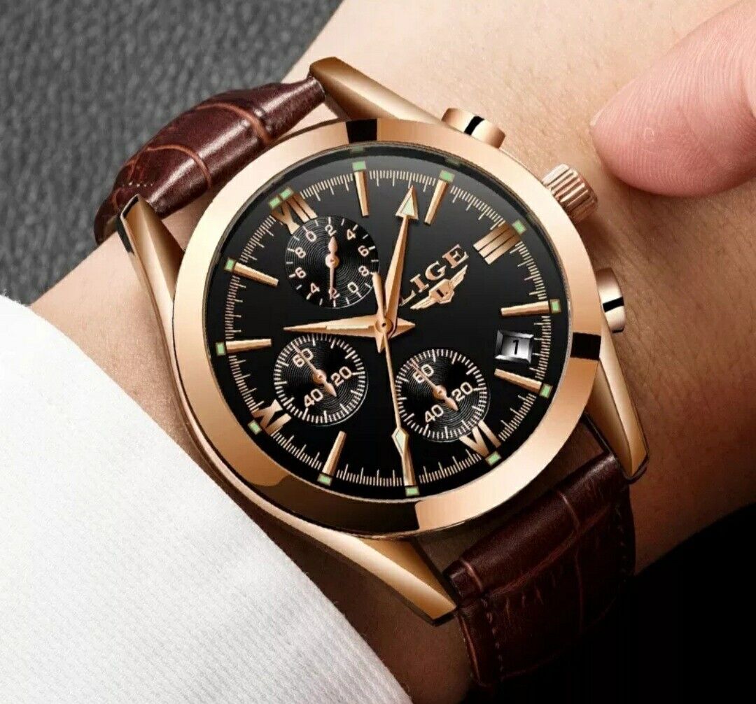 Mens Lige Chronograph Sports Waterproof Classic Quartz Leather Luxury Watch