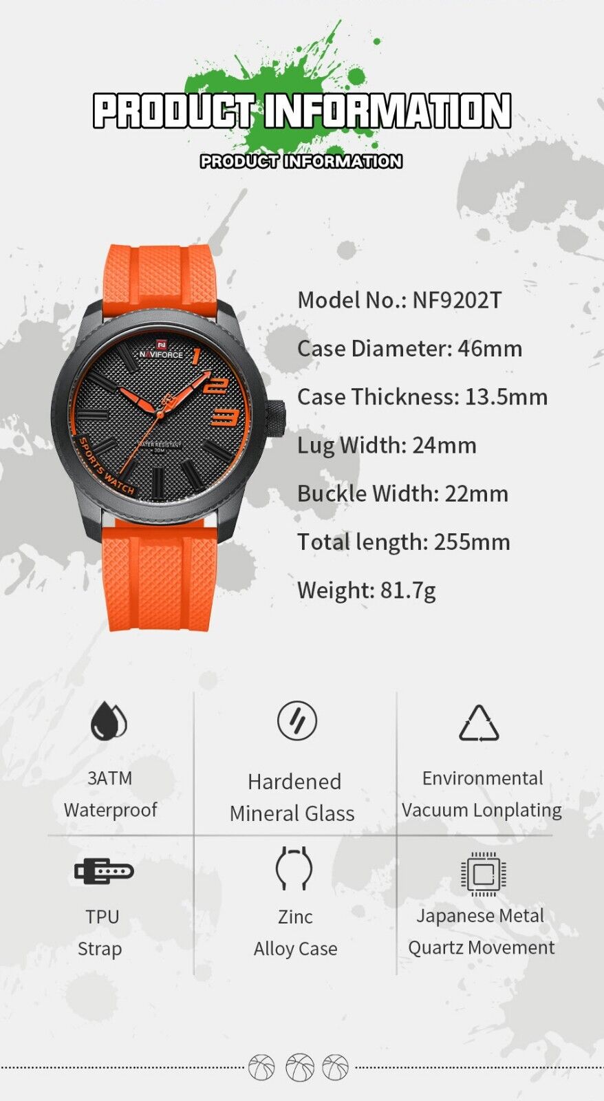 Men's Luxury Sports Style Fashion Watch Waterproof Quartz Silicone Strap ORANGE