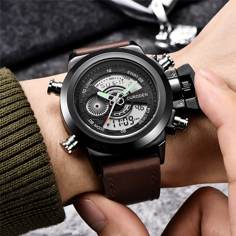 Mens  Dual Time Watches Fashion Leather Band Chronograph Military Multi-Function