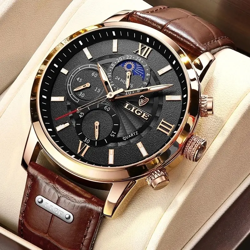 Mens Watches Luxury Brown Leather Casual Quartz Watch Sport Waterproof