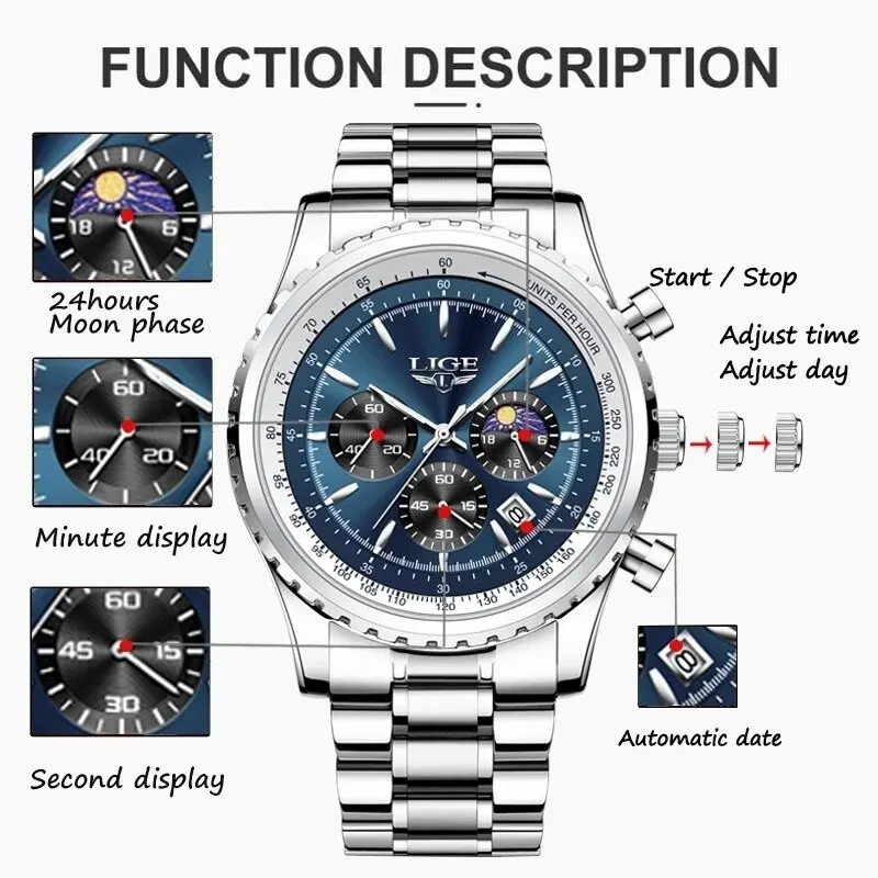 Luxury Men's Quartz Watch with Date Chronograph and Luminous Waterproof Features