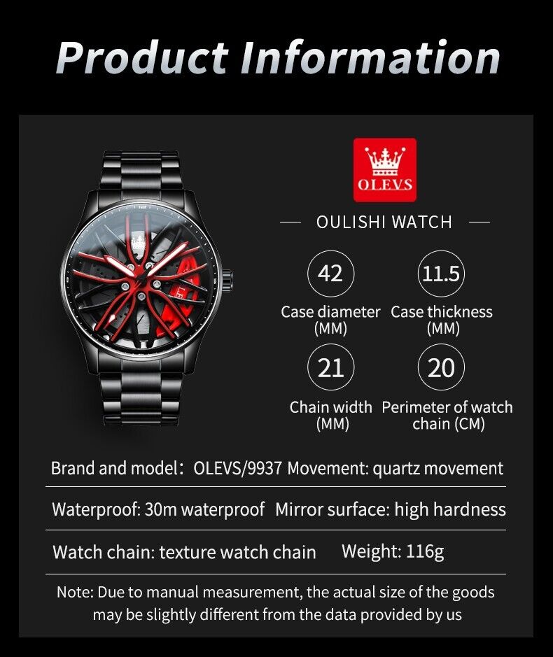 Mens Luxury Watch Waterproof Luminous Fashion Wristwatch Car Wheel Hub Design