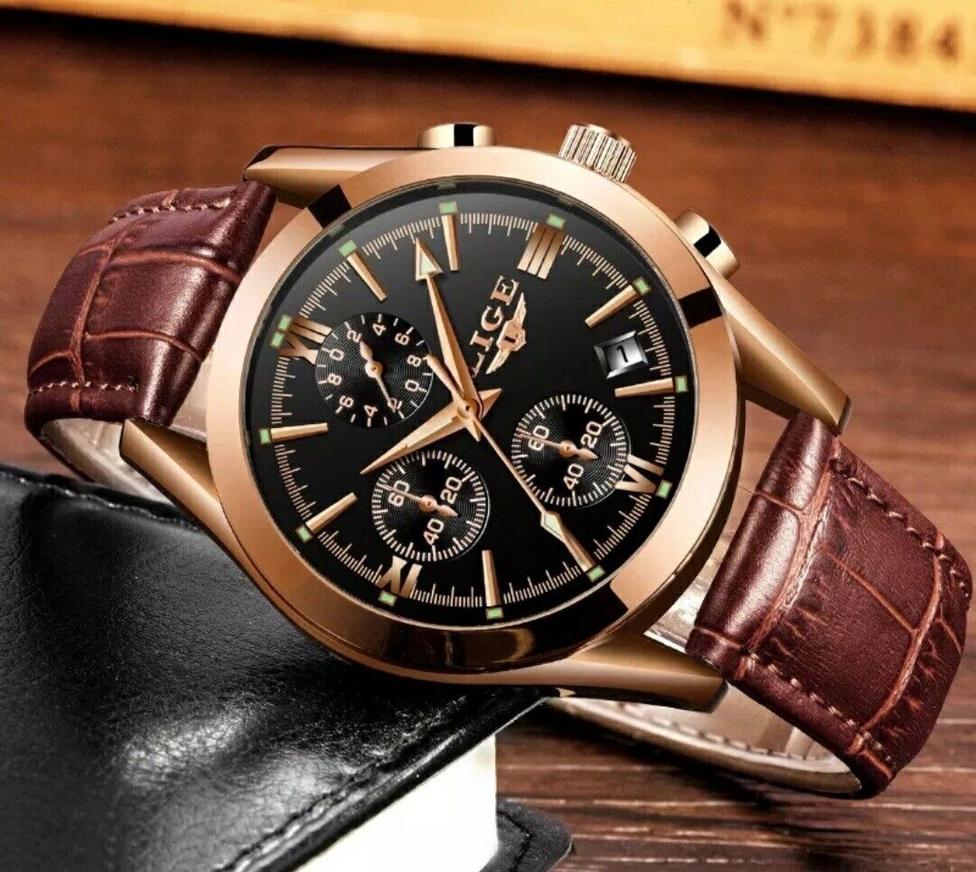 Mens Lige Chronograph Sports Waterproof Classic Quartz Leather Luxury Watch