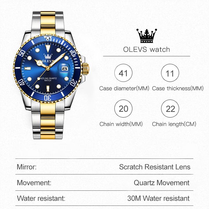 OLEVS Mens Watch Gold Silver Stainless Steel Men's Wrist Watches Big Face Classic Blue Rotating Bezel Watches for Men Two Tone Waterproof Luminous Dress Watches for Men Reloj para Hombre