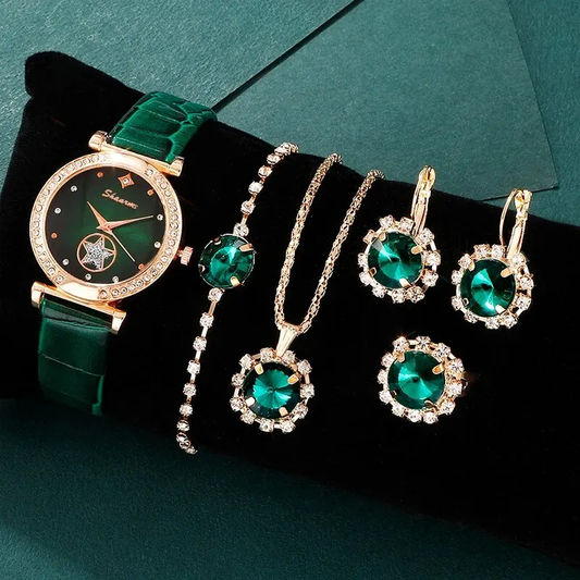 6PCS  Watch Bracelet Necklace Earrings Gift Set Green Luxury Quartz Watch Women 