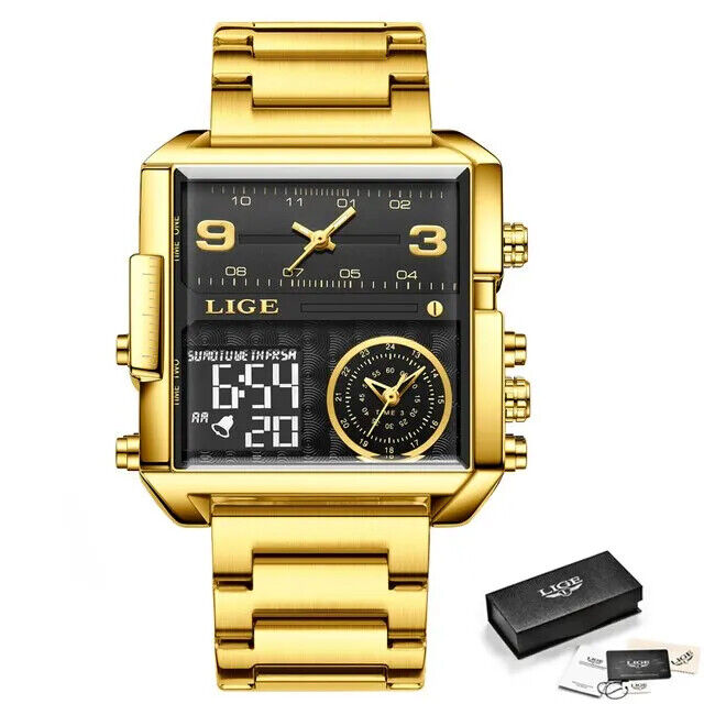 LIGE Men Gold Watch Luxury Quartz Waterproof Stainless Steel Designer Wristwatch