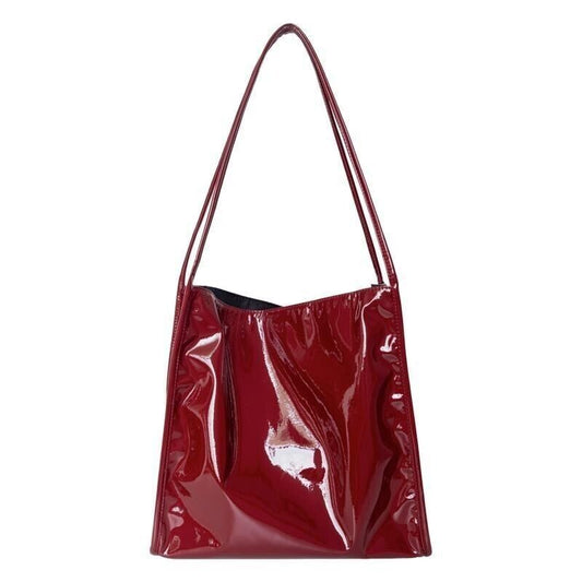 Womens Glossy Bag Patent Faux Leather Tote Shoulder Large Capacity Handbag Red