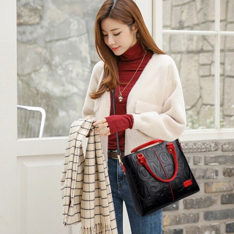 Womens Handbag Work Bag Ladies Cross Body Soft PU Leather Casual Tote Black Red