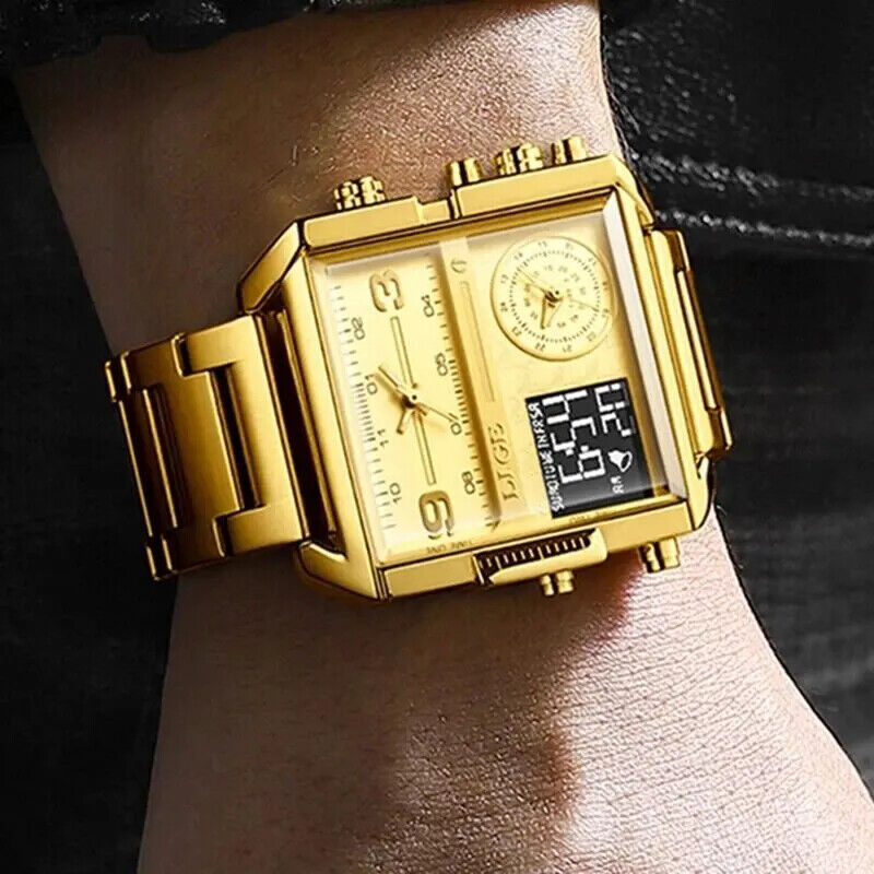 LIGE Men Gold Watch Luxury Quartz Waterproof Stainless Steel Designer Wristwatch