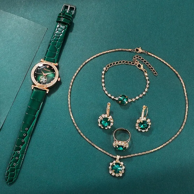 6PCS  Watch Bracelet Necklace Earrings Gift Set Green Luxury Quartz Watch Women 