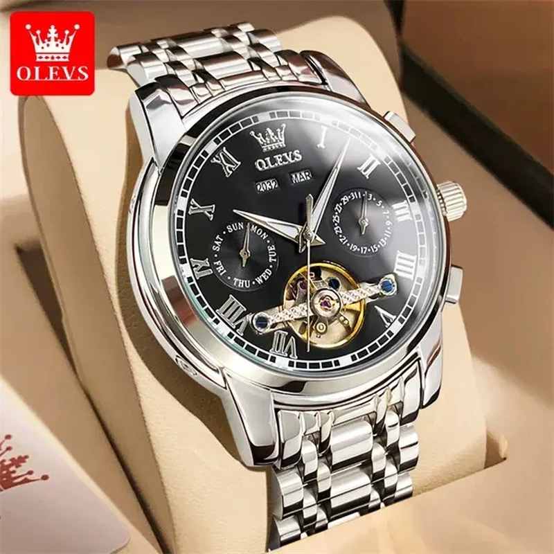  Automatic Mechanical Watch Mens Luxury Skeleton Flywheel Stainless Steel