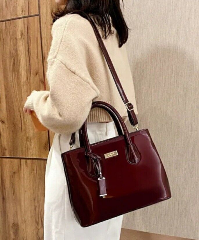 Womens Handbag Work Bag Crossbody Patent Tote Fashion Shoulder Bag BURGUNDY RED