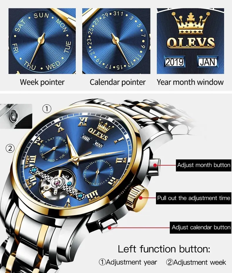  Automatic Mechanical Watch Mens Luxury Skeleton Flywheel Stainless Steel