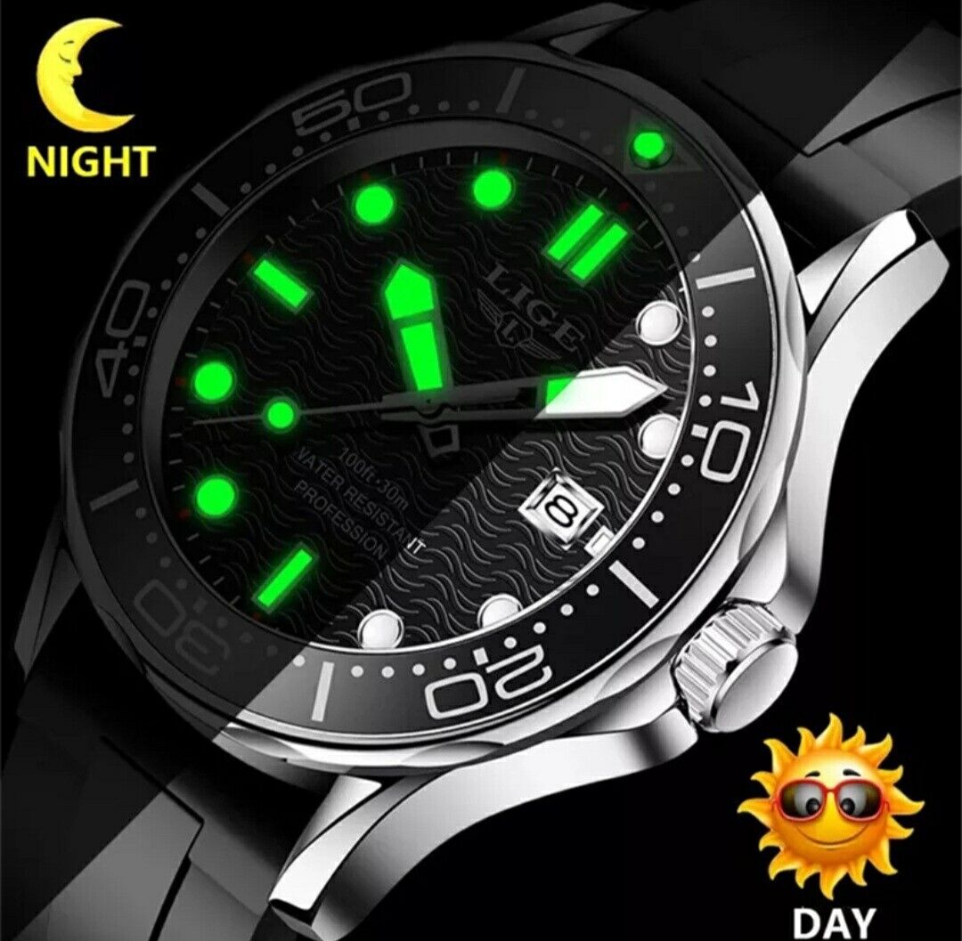 Lige Mens Luxury Luminous Waterproof Sport Quartz Watch Silicone Strap GoldBlack