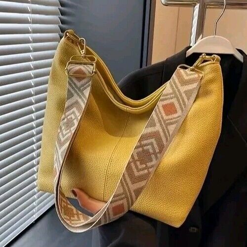 Womens Fashion Handbag Cross Body Faux Leather Medium Tote Shoulder Bag Yellow
