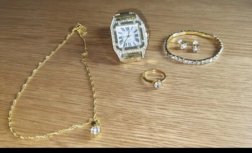 5 Piece Ladies Girls Gold Watch Bracelet Ring And Earrings Gift Set For Women
