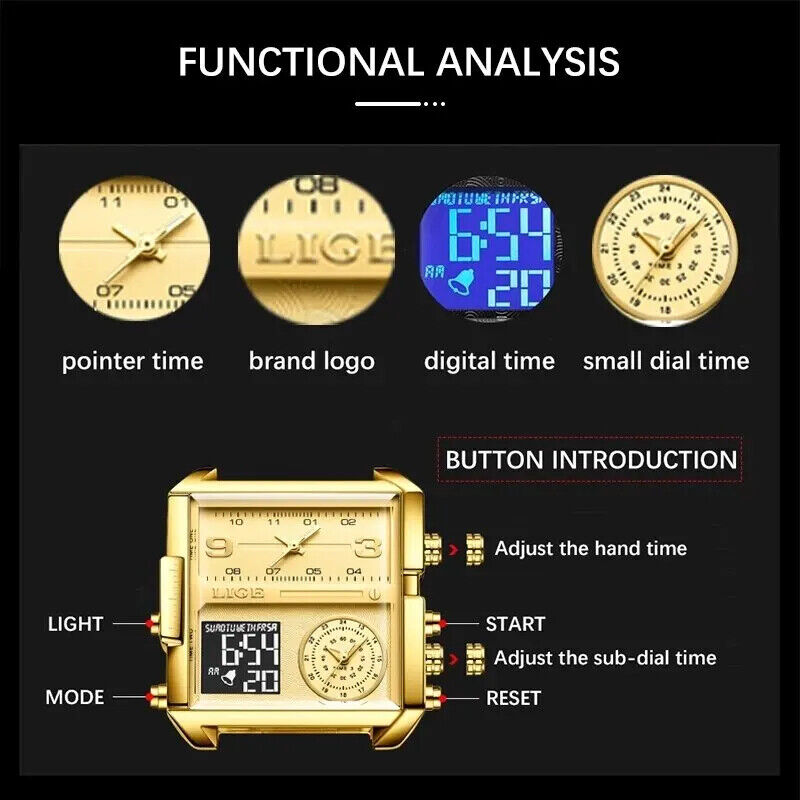 LIGE Men Gold Watch Luxury Quartz Waterproof Stainless Steel Designer Wristwatch