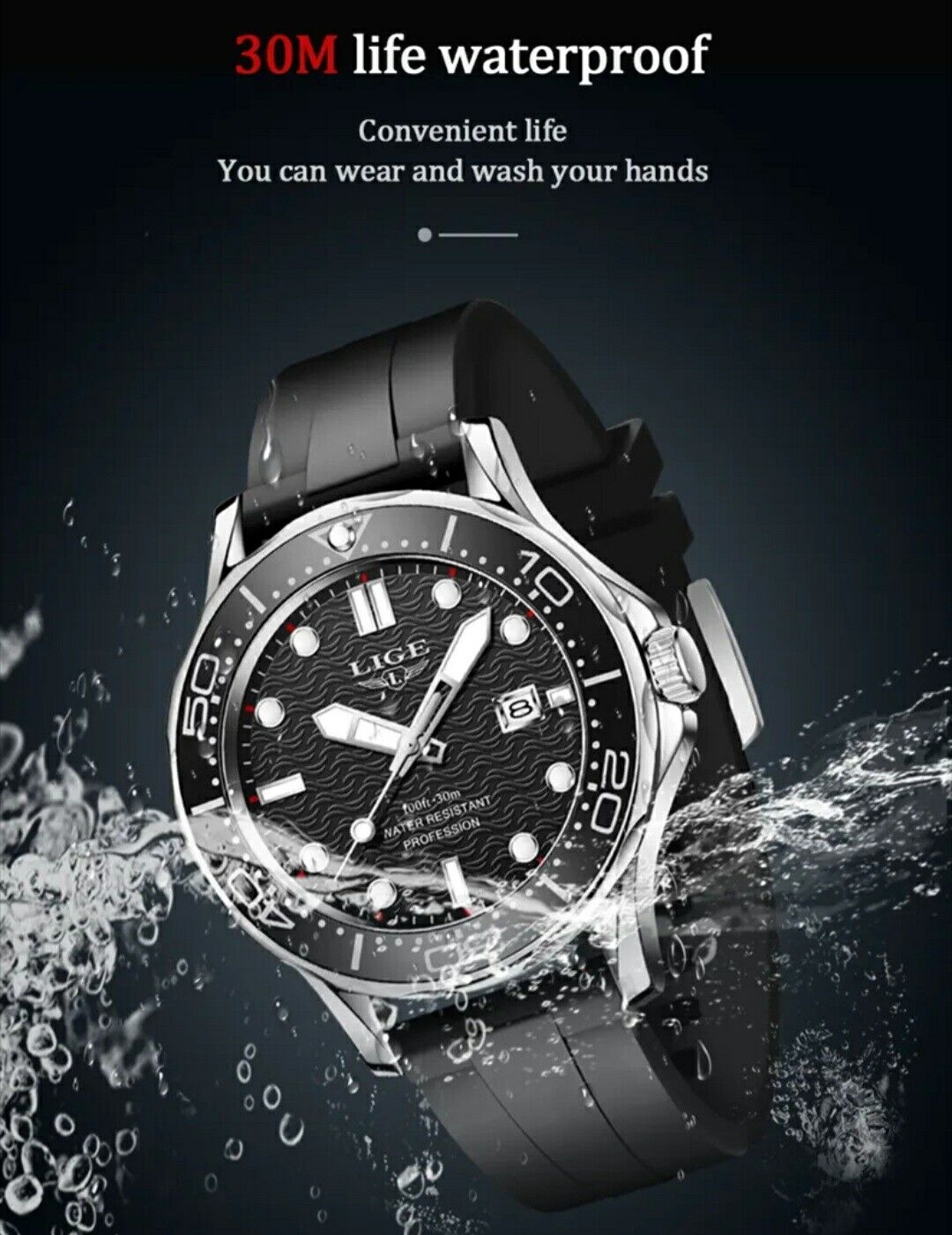 Mens Luxury Fashion Luminous Waterproof Sports Quartz Stop Watch Silicone Strap 