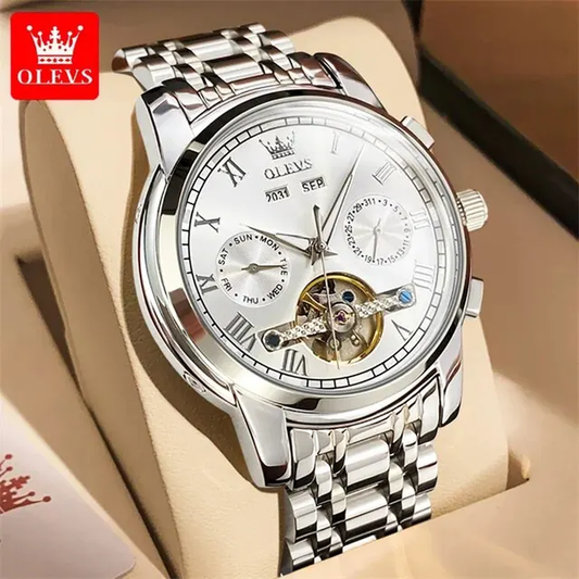  Automatic Mechanical Watch Mens Luxury Skeleton Flywheel Stainless Steel