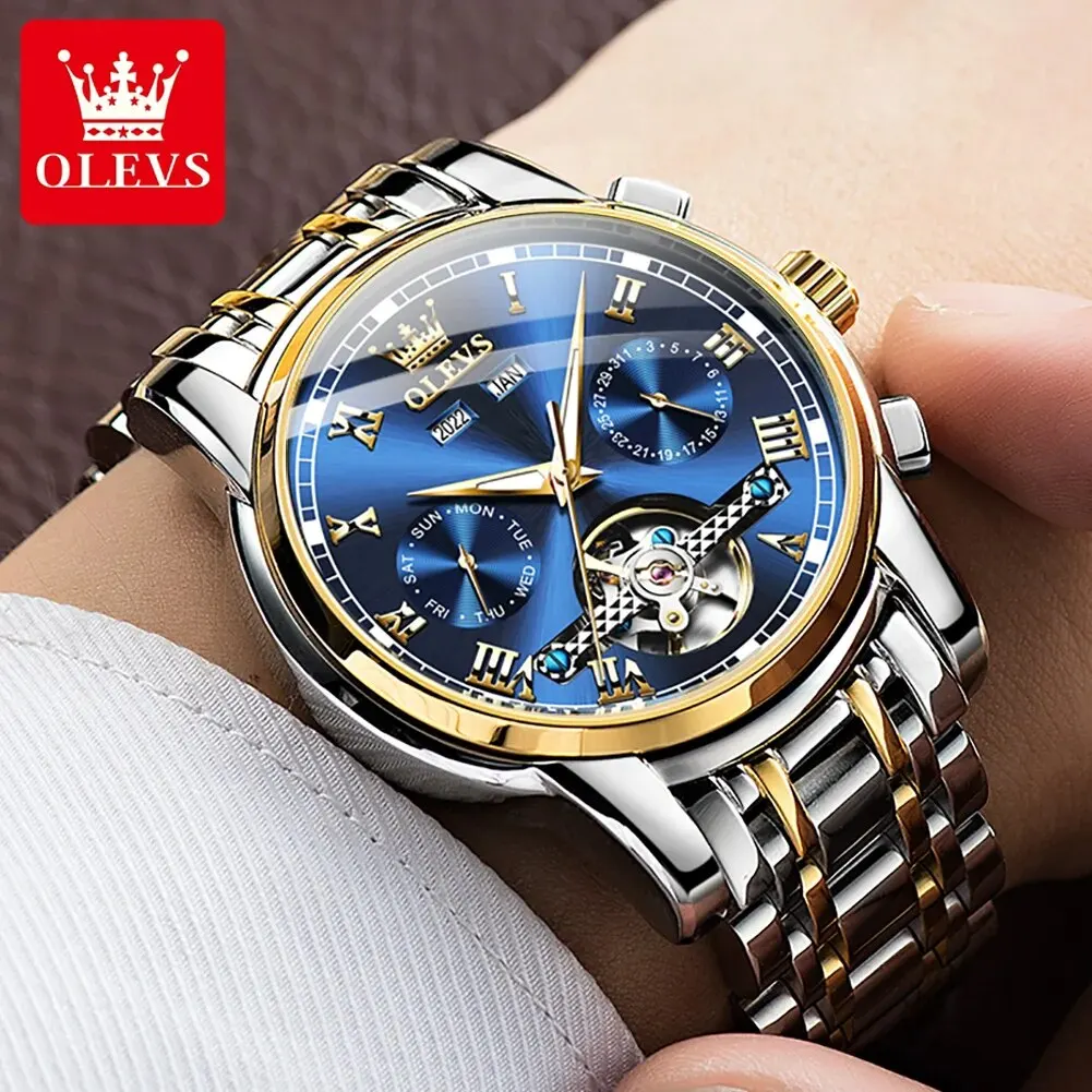  Automatic Mechanical Watch Mens Luxury Skeleton Flywheel Stainless Steel