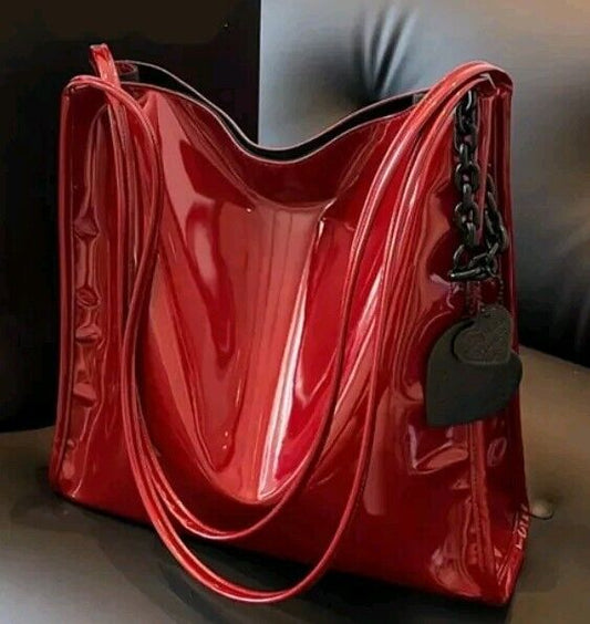 Womens Glossy Bag Patent Faux Leather Tote Shoulder Large Capacity Handbag Red