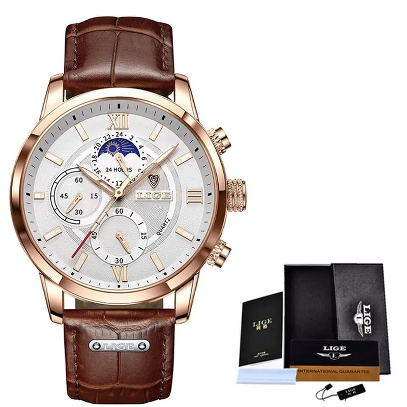 2024 Men's Luxury Brown Leather Quartz Watch - Waterproof Sport Timepiece