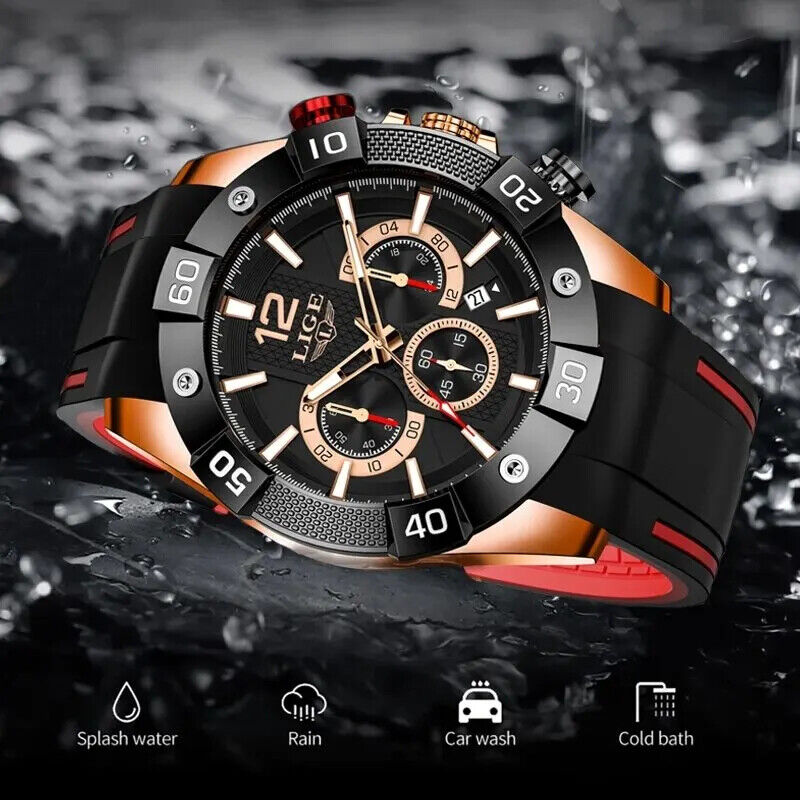 Lige Men's Sport Watch Quartz Waterproof 3ATM Luminous Date Silicone Bracelet