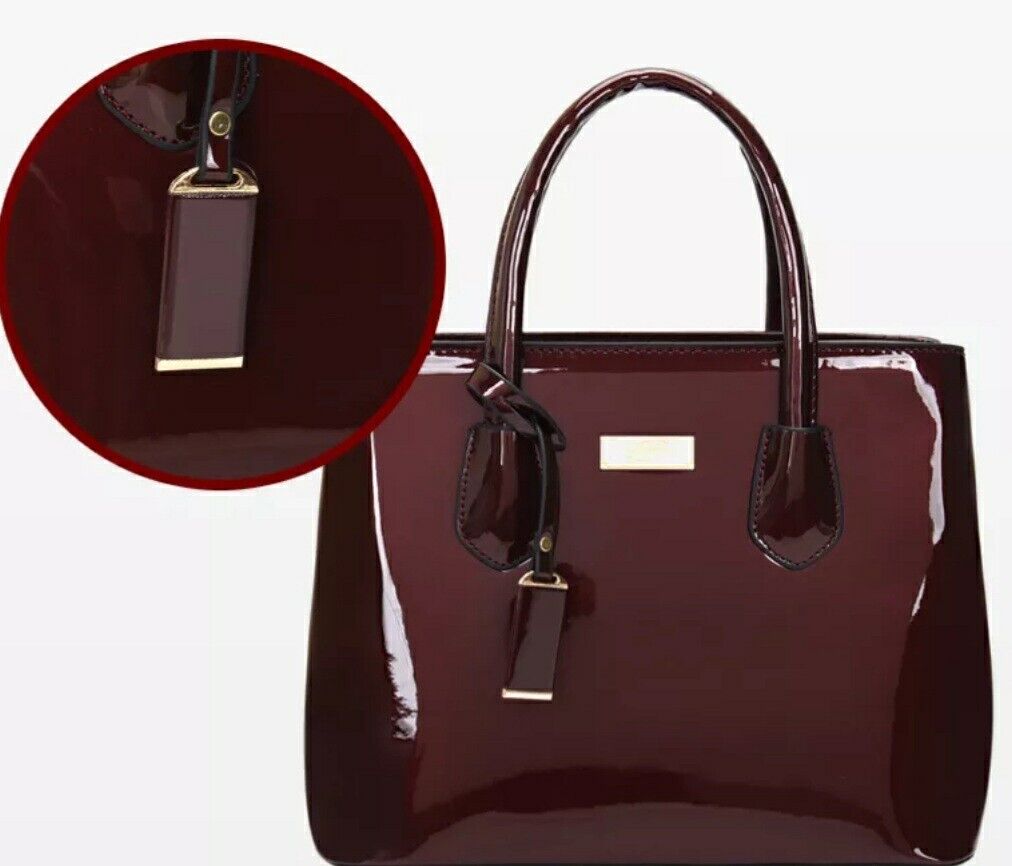 Womens Handbag Work Bag Crossbody Patent Tote Fashion Shoulder Bag BURGUNDY RED