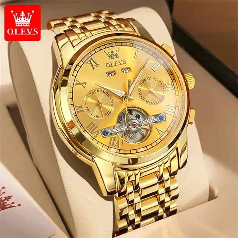  Automatic Mechanical Watch Mens Luxury Skeleton Flywheel Stainless Steel