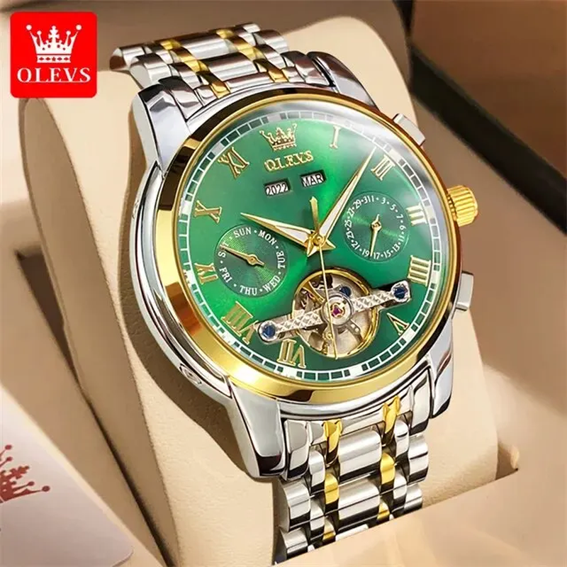  Automatic Mechanical Watch Mens Luxury Skeleton Flywheel Stainless Steel