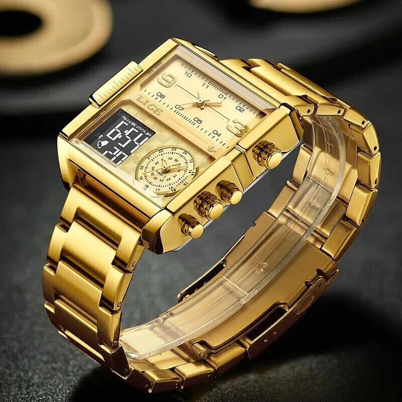 LIGE Men Gold Watch Luxury Quartz Waterproof Stainless Steel Designer Wristwatch