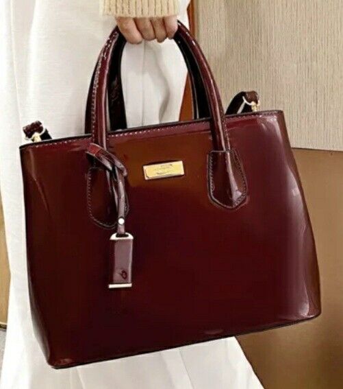 Womens Handbag Work Bag Crossbody Patent Tote Fashion Shoulder Bag BURGUNDY RED