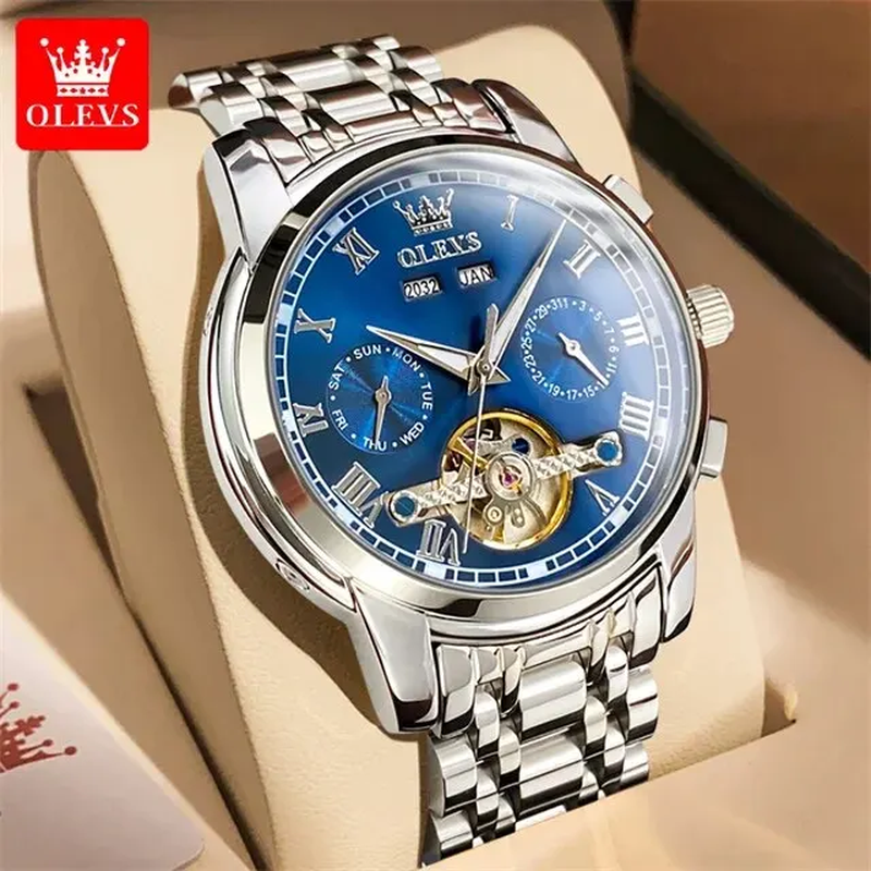  Automatic Mechanical Watch Mens Luxury Skeleton Flywheel Stainless Steel