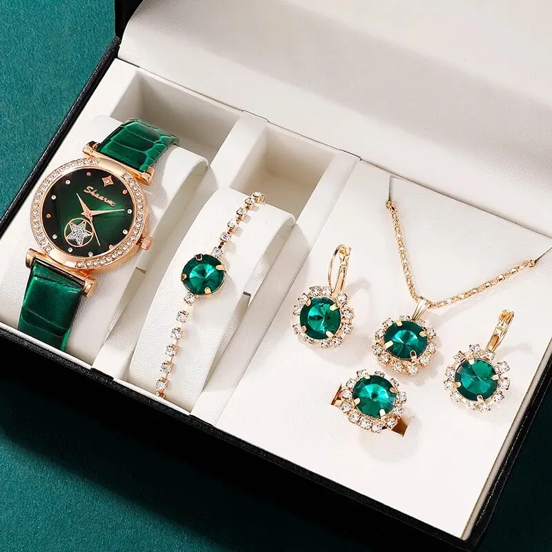 6PCS  Watch Bracelet Necklace Earrings Gift Set Green Luxury Quartz Watch Women 