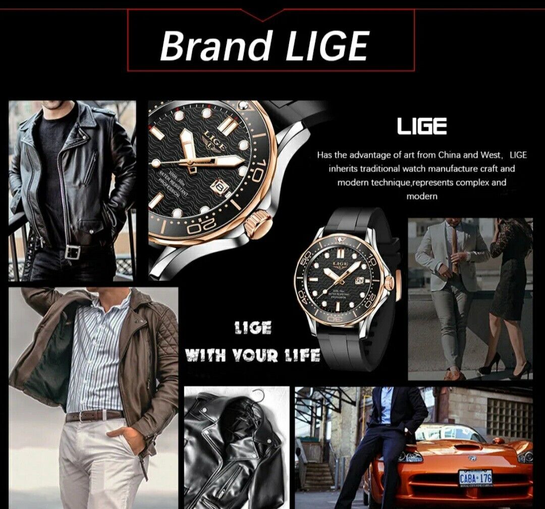 Lige Mens Luxury Luminous Waterproof Sport Quartz Watch Silicone Strap GoldBlack