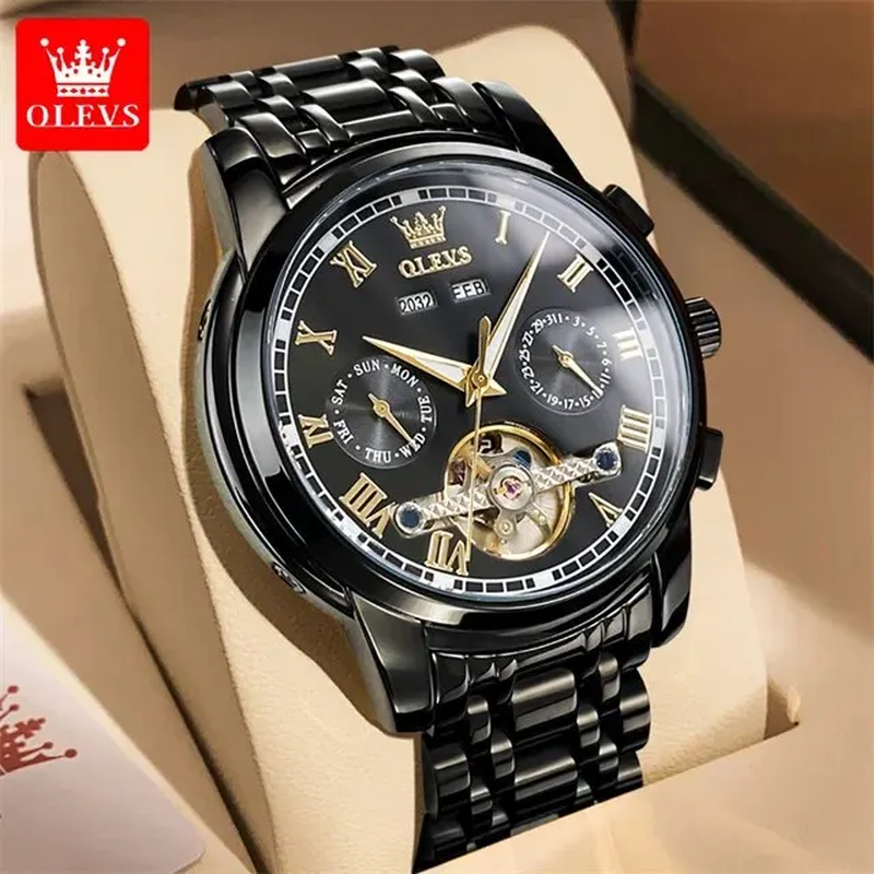  Automatic Mechanical Watch Mens Luxury Skeleton Flywheel Stainless Steel