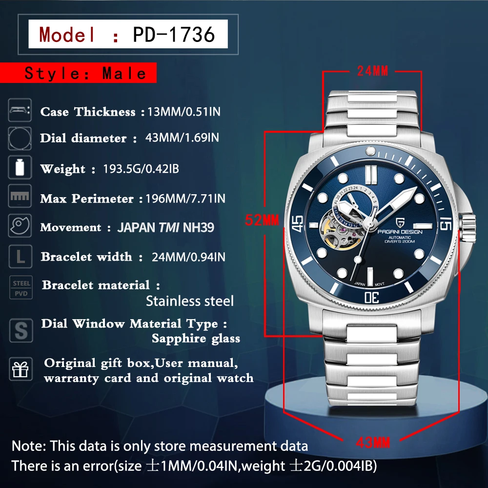 43MM Ceramic Bezel Men's Mechanical Watch with Sapphire Glass, NH39 Automatic Mo