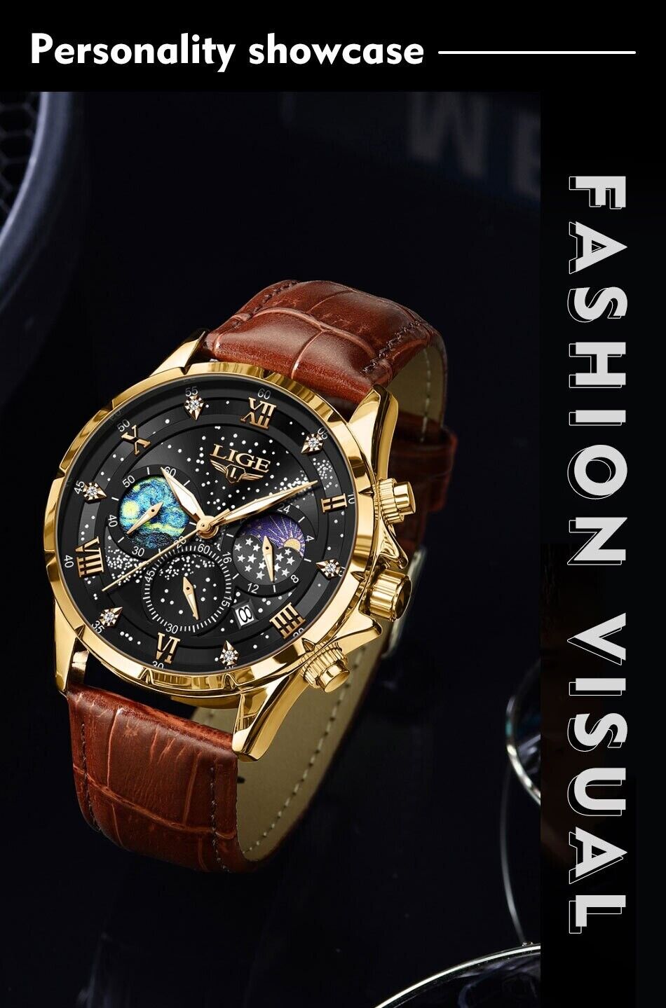 2023 Luxury Genuine Leather Mens Casual Business Wrist Watch Moonphase Luminous