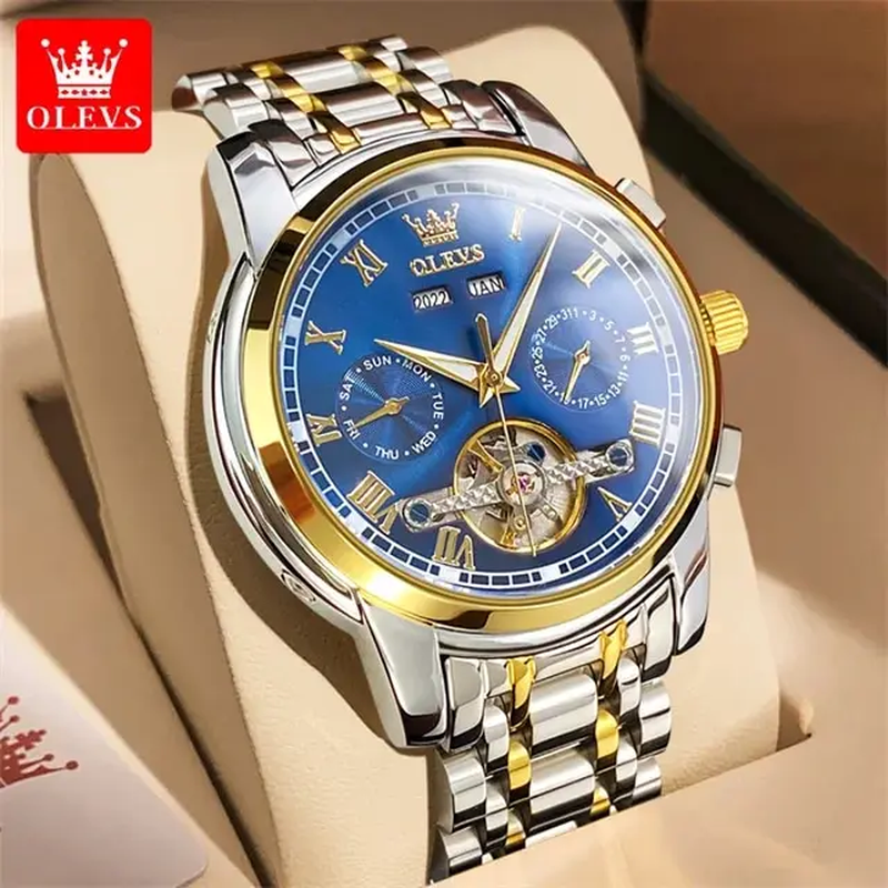  Automatic Mechanical Watch Mens Luxury Skeleton Flywheel Stainless Steel